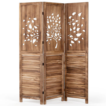 3 Panel Folding Room Divider with Tree Leaf Cutout & Louvered Slats