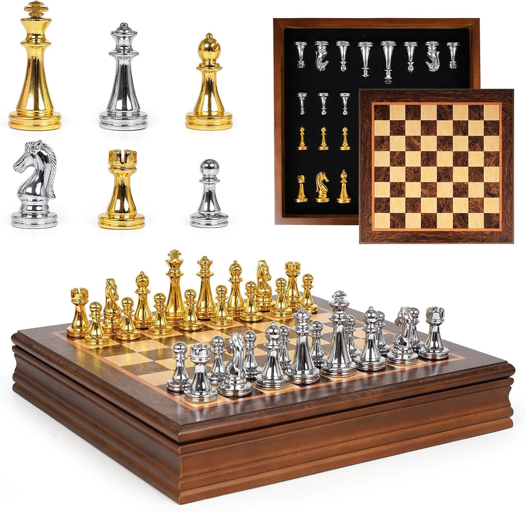 12-Inch Metal Chess Set with Wooden Board for Kids and Adults, Gold & Silver Chess Pieces, Portable Small Chess Board