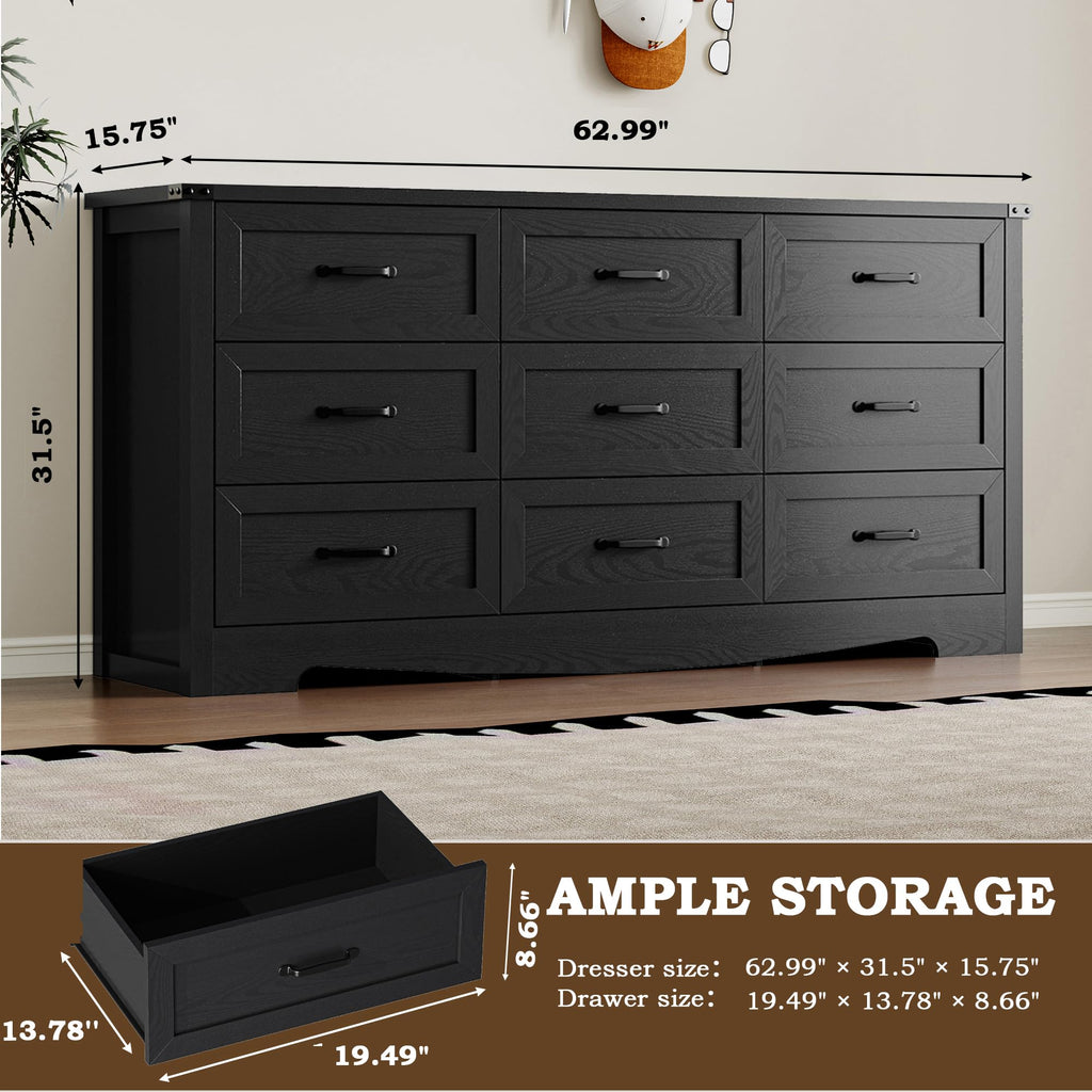9-Drawer Dresser, Modern Wooden Chest of Drawers with Metal Handles, Anti-Tipping Design, Sturdy and Stable Storage