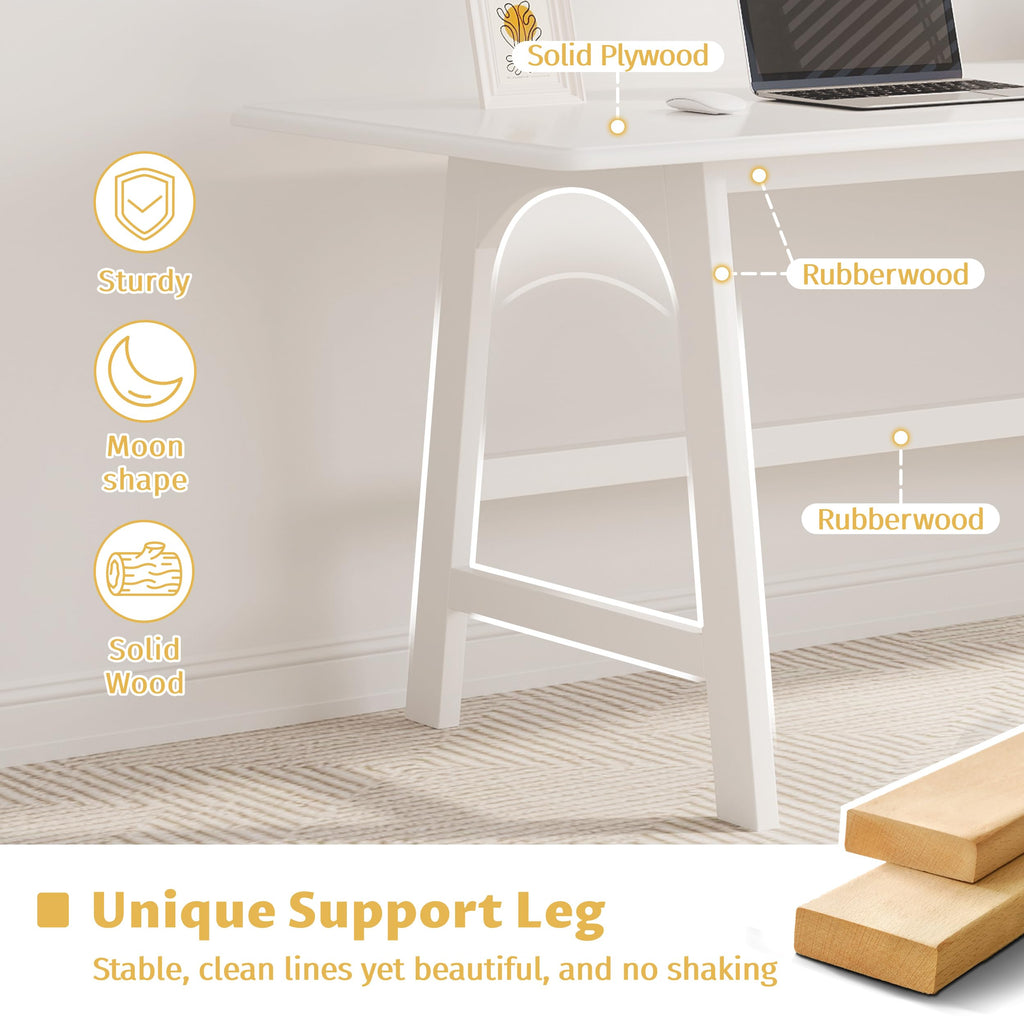 Solid Wood Writing Table - 72" W Minimalist Long Computer Desk, White