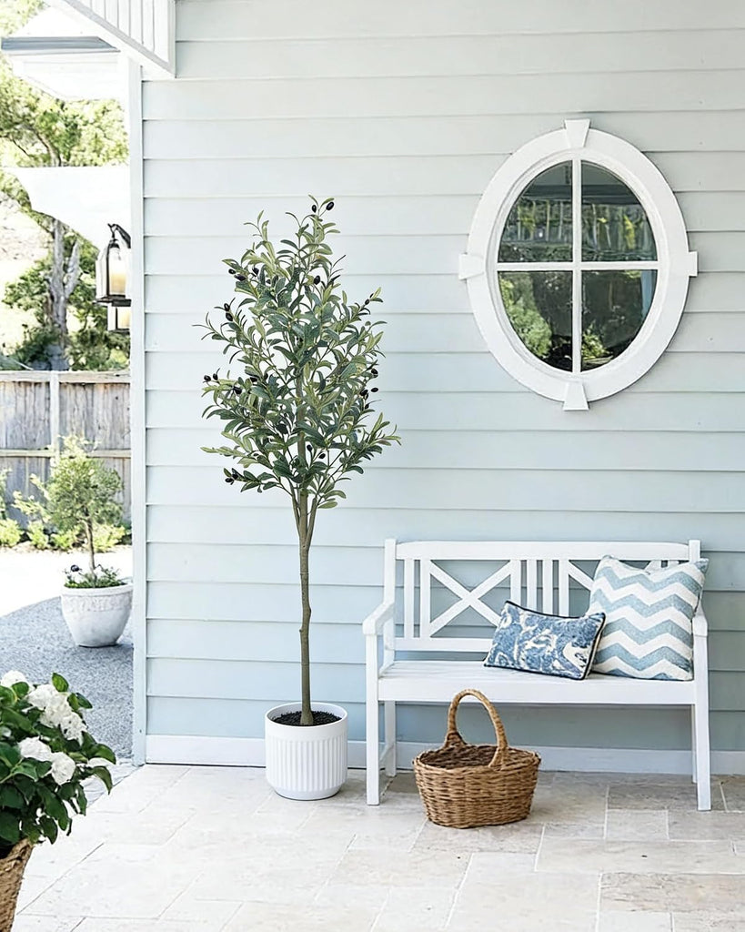 6FT Olive Trees Artificial Indoor, Faux Olive Tree with White Planter, Tall Fake Olive Silk Tree with Lifelike Wood