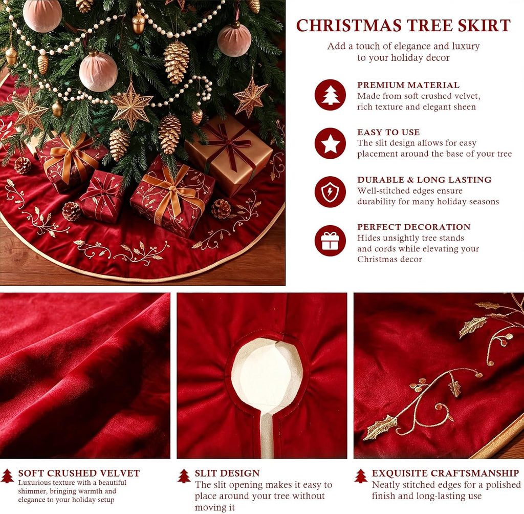 Christmas Tree Skirt, 48 inches Red Luxury Velvet Plush Fur Skirts with Gold Embroidered Holly Leaf for Rustic Xmas