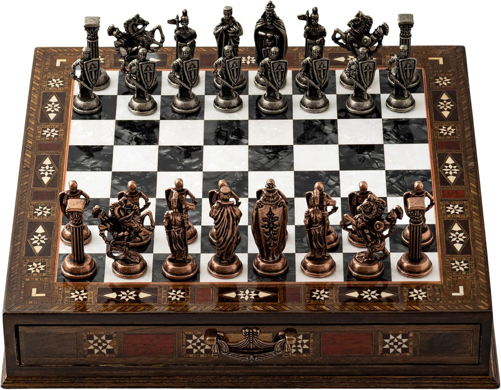 Luxury Handmade Wooden Chess Set with Metal Pieces - 12.2'' Decorative Storage Chess Board - British Themed Chess