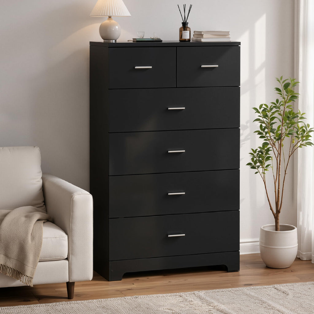 Tall Dresser Wooden 6 Drawer Dresser with Power Outlet Chest of Drawers with Large Organizer and Smooth Metal Rail