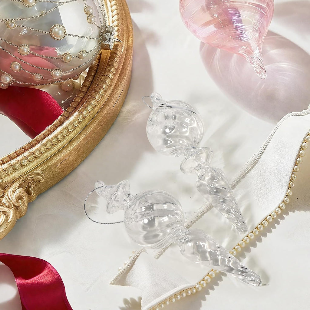 6-Inch Hand-Blown Glass Finial Christmas Tree Hanging Ornaments -Large Elegant Clear Glass Vintage Holiday - Set of 6