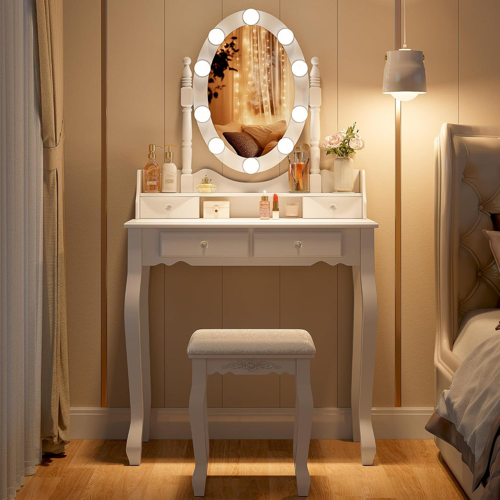 Girls Makeup Vanity Set with 360° Rotating Lighted Mirror | Dressing Table Desk with Dimmable LED Hollywood Lights, 4
