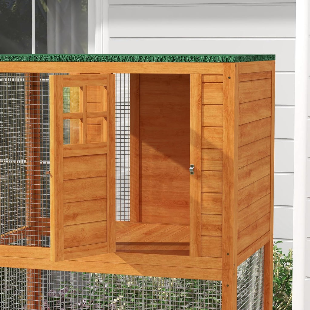74" Wooden Catio Outdoor Cat Enclosure Weatherproof & Wheeled, Outside Cat House with High Weight Capacity, Kitten