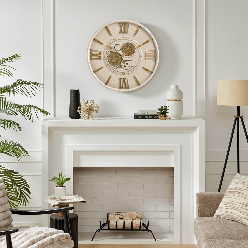 Mid Century Modern 24 Inch Moving Gear Walll Clock, Ivory &Gold