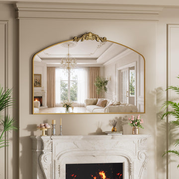 Vintage Arched Bathroom Mirror, 55"x 36" Retro Wall Mounted Vanity Mirror with Carved Pattern Top and Aluminum Frame