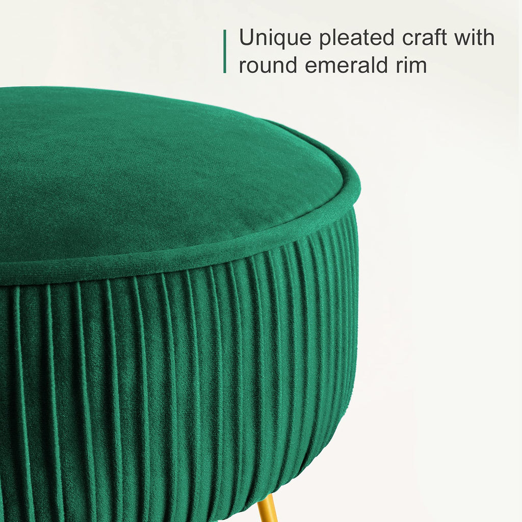Pleated Vanity Stool, Velvet Upholstered for Makeup Room, Round Mondern Stool for Vanity, Ottoman Footrest with Metal