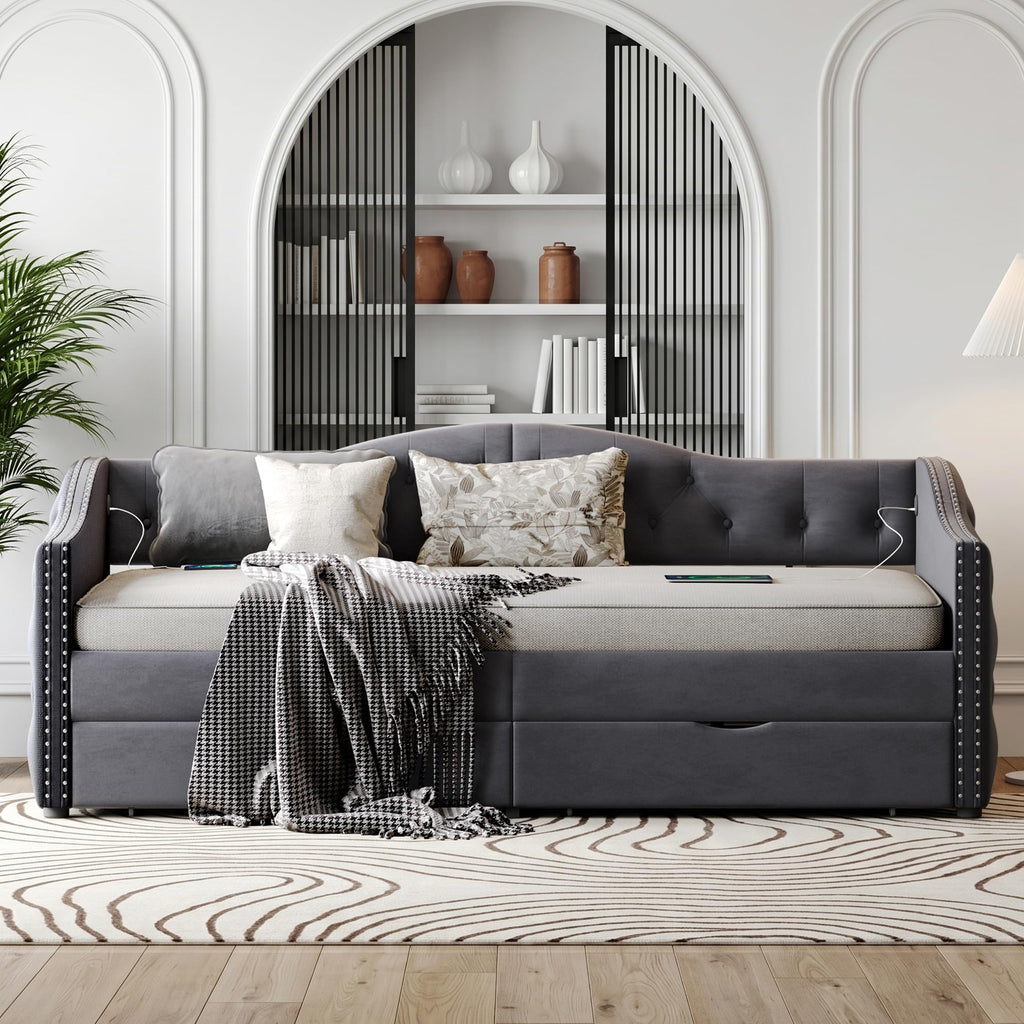 Daybed with Storage Drawers, Full Size Velvet Upholstered Sofa Bedframe w/USB Port, Button Tufted Backrest and