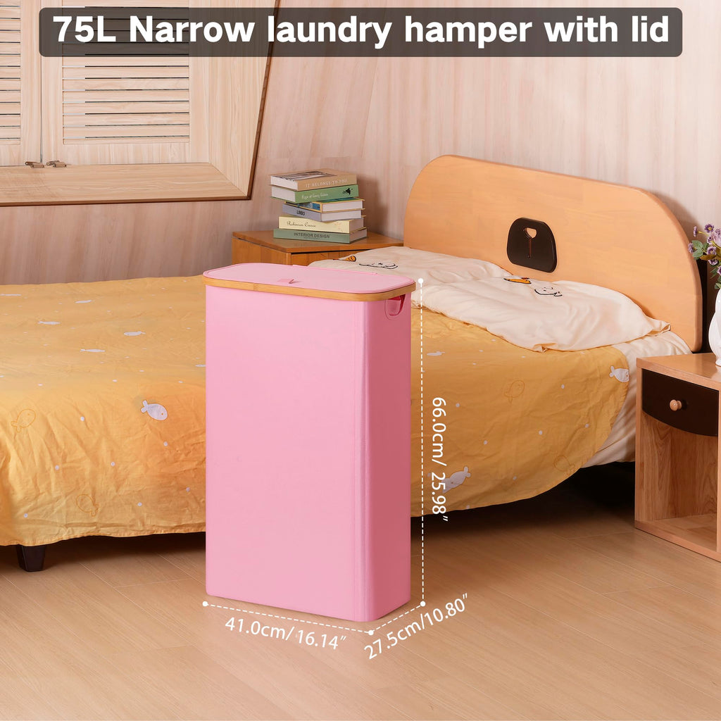 75L Slim Laundry Hamper, Narrow Laundry Basket with Lid,Foldable Clothes Hamper with Bamboo Handles,Hamper Basket
