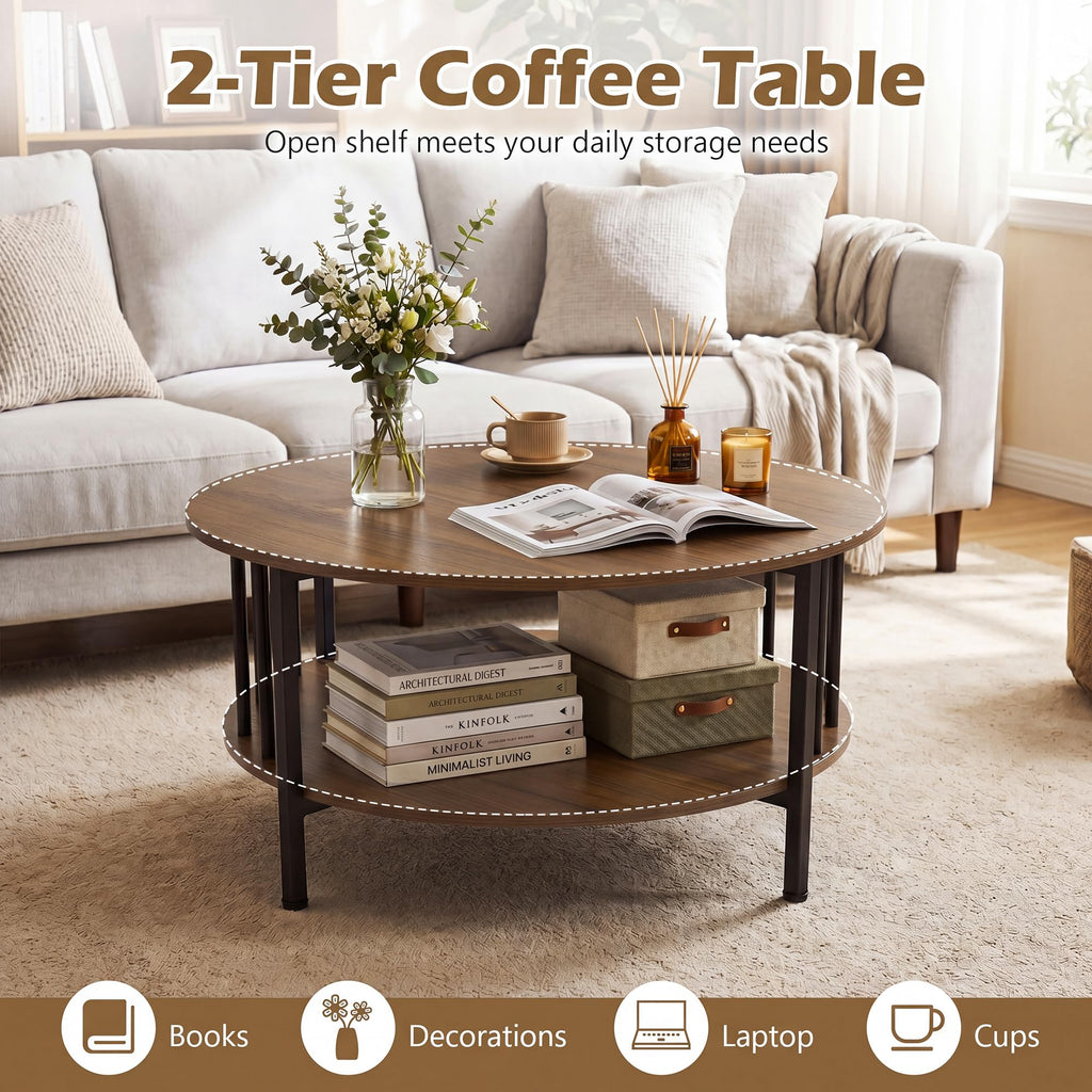 Farmhouse Round Coffee Table, 32.5" Wood Center Table with Storage & Metal Slatted Sides Frame, 2-Tier Accent