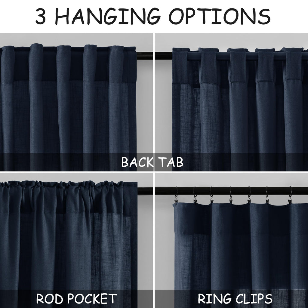 Navy Blue Curtains 84 inch Length Back Tab Rod Pocket Modern Nautical Farmhouse Decor Slub Linen Textured Dark Blue