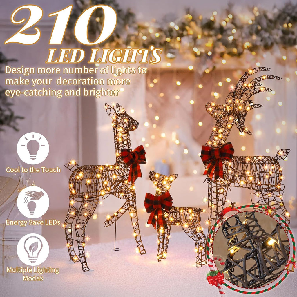 Large Outdoor Christmas Decoration, 4FT 3-Piece Lighted Christmas Deer Family Set, Rattan Reindeer, with 210 LED Warm