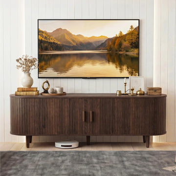 65" Mid-Century Modern TV Consoles with Sliding Doors, TV Stand with Power Outlet, Fluted Entertainment Center with