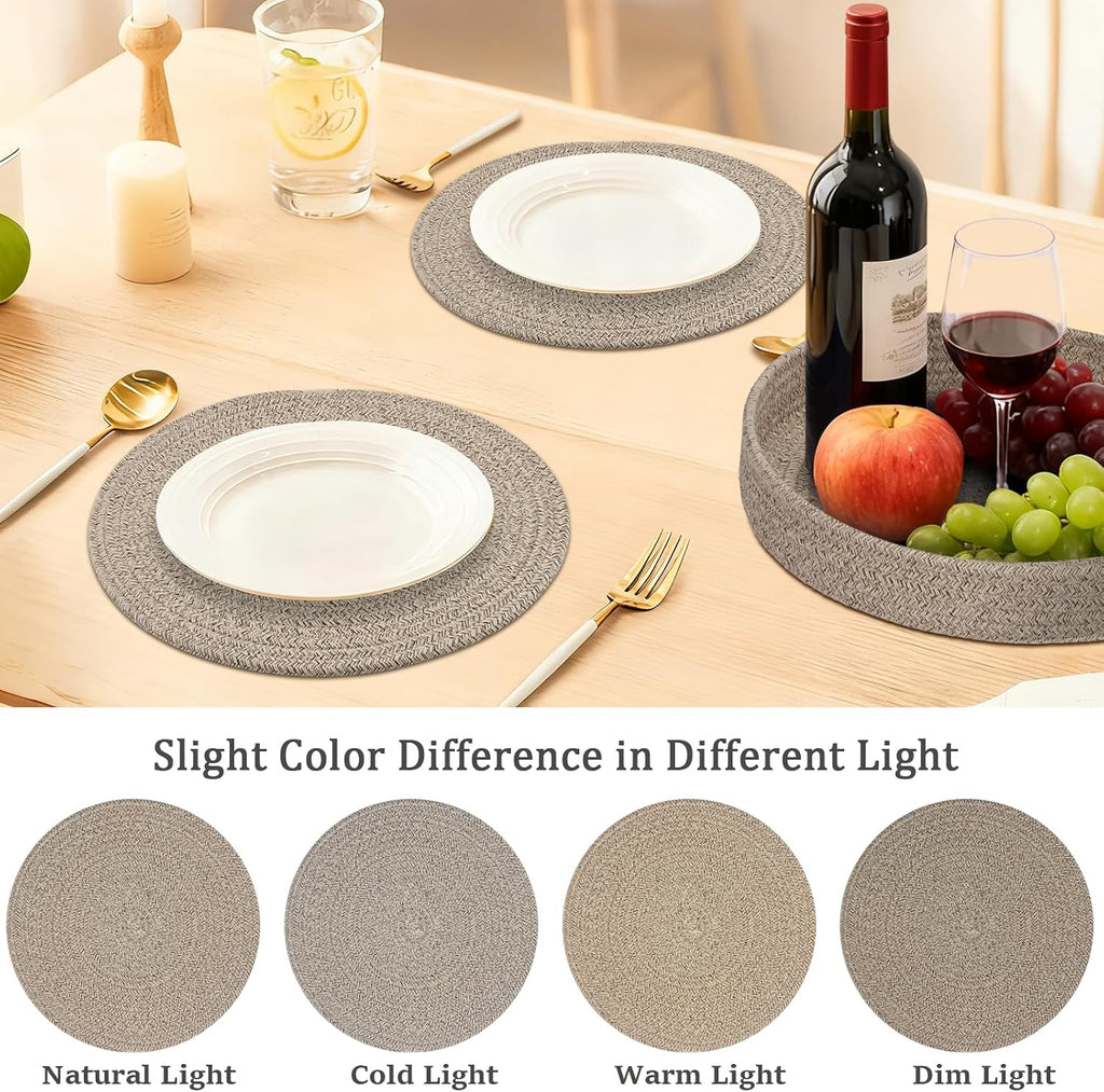 Round Placemats with Holder, Cotton Rope Woven Place Mats, Hot Pads, Heat Resistant Table Mats, 13 Inch - Set of 6