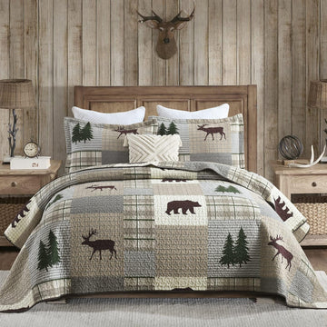 Quilt - 100% Cotton Lightweight Cabin Plaid Quilt Bedding Set, Forest Tree Brown Bear Deer Patchwork