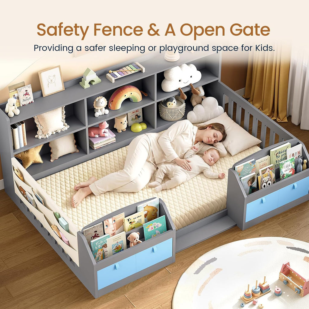 Floor Montessori Wooden Bed Frame for Toddlers, Grey