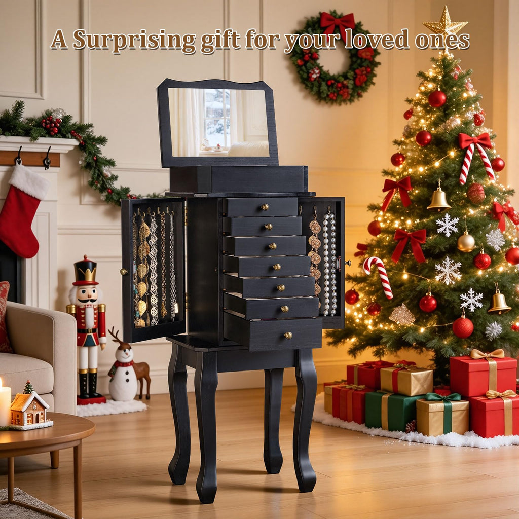 Standing Jewelry Armoire Cabinet, Large Freestanding Jewelry Organizer Box with Mirror, 7 Drawers & 2 Side Doors