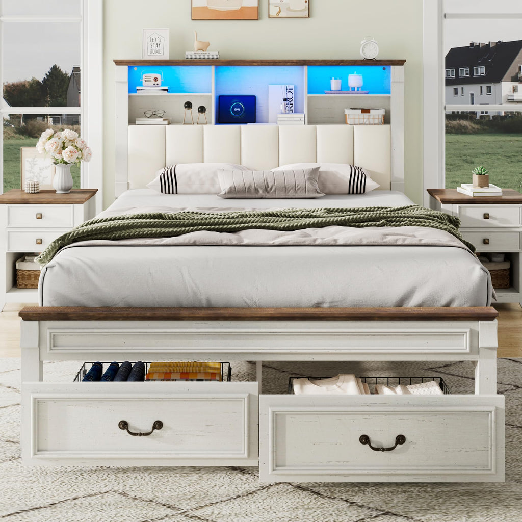 Farmhouse Bed Frame with 51" Tall Headboard, 2 Drawers, Antique White