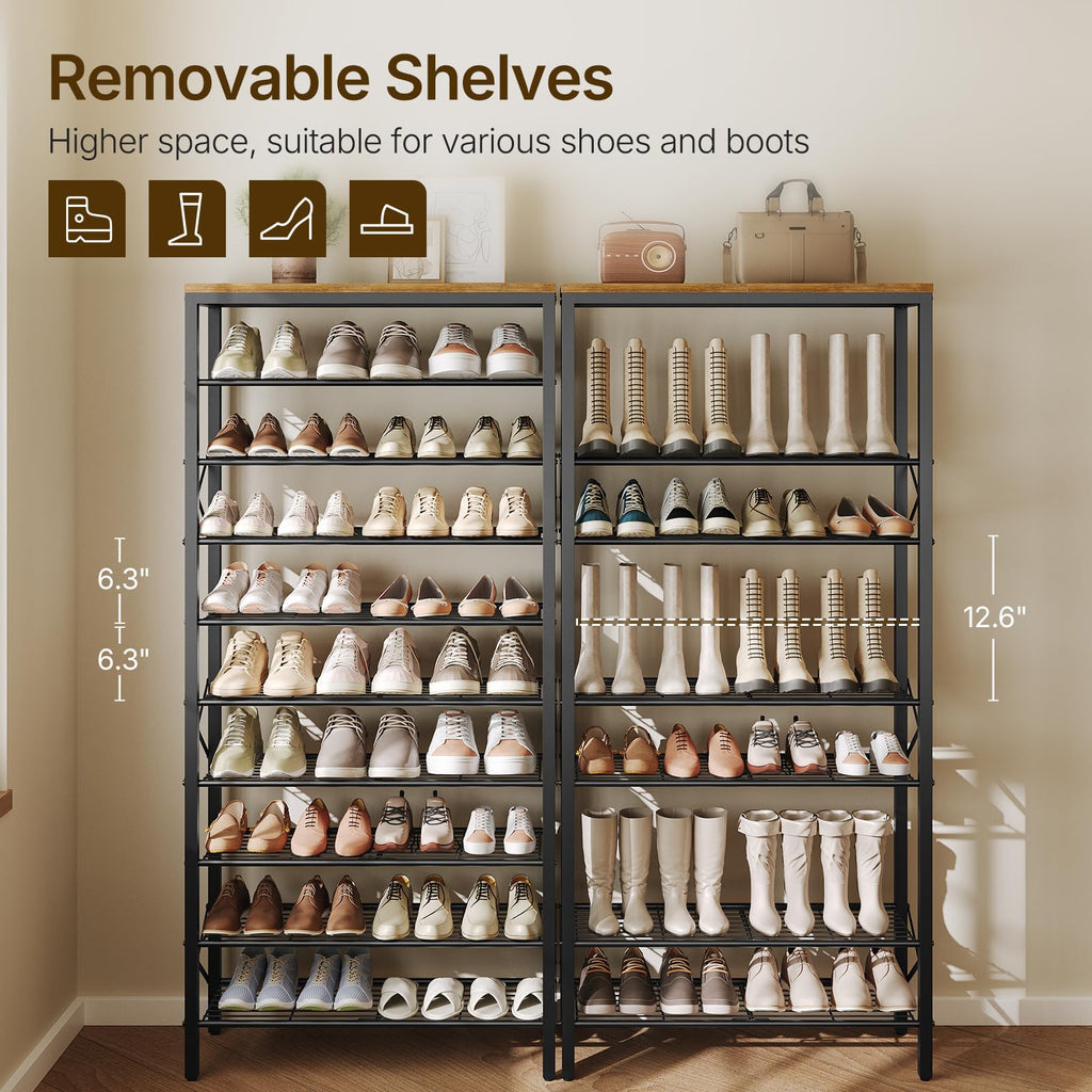 10 Tier Shoe Rack, Large Capacity Shoe Storage Organizer Holds 40 Pairs, Sturdy and Stable, Closet, Dorm Room, Rustic