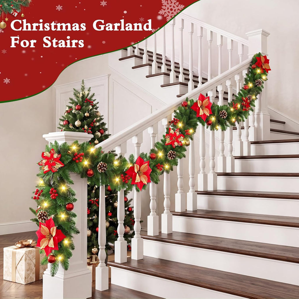 9FT Pre-Lit Christmas Garland with Lights, Battery Operated with Timer