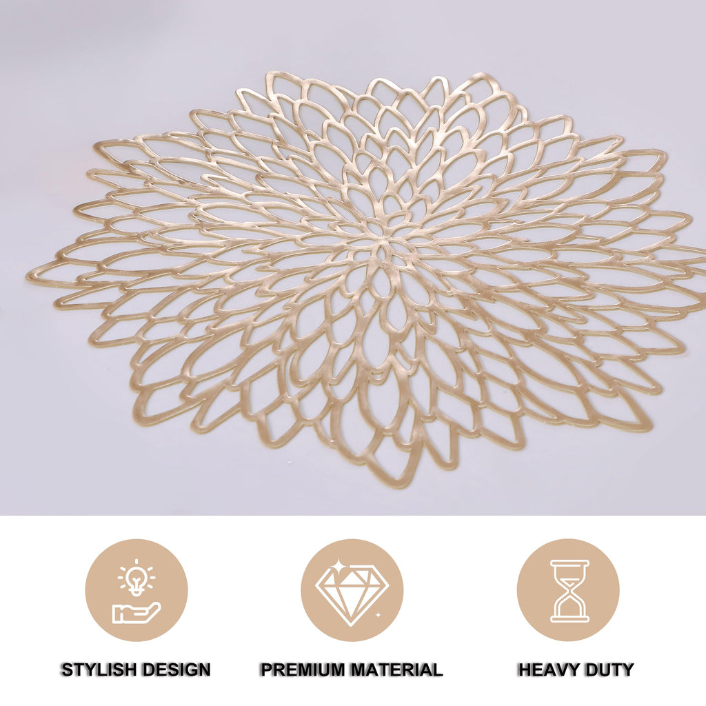 6 Pack Gold Placemats Metallic Pressed Vinyl Round Leaf Plastic Dinning Table Place Mats Fancy Decorative for Wedding