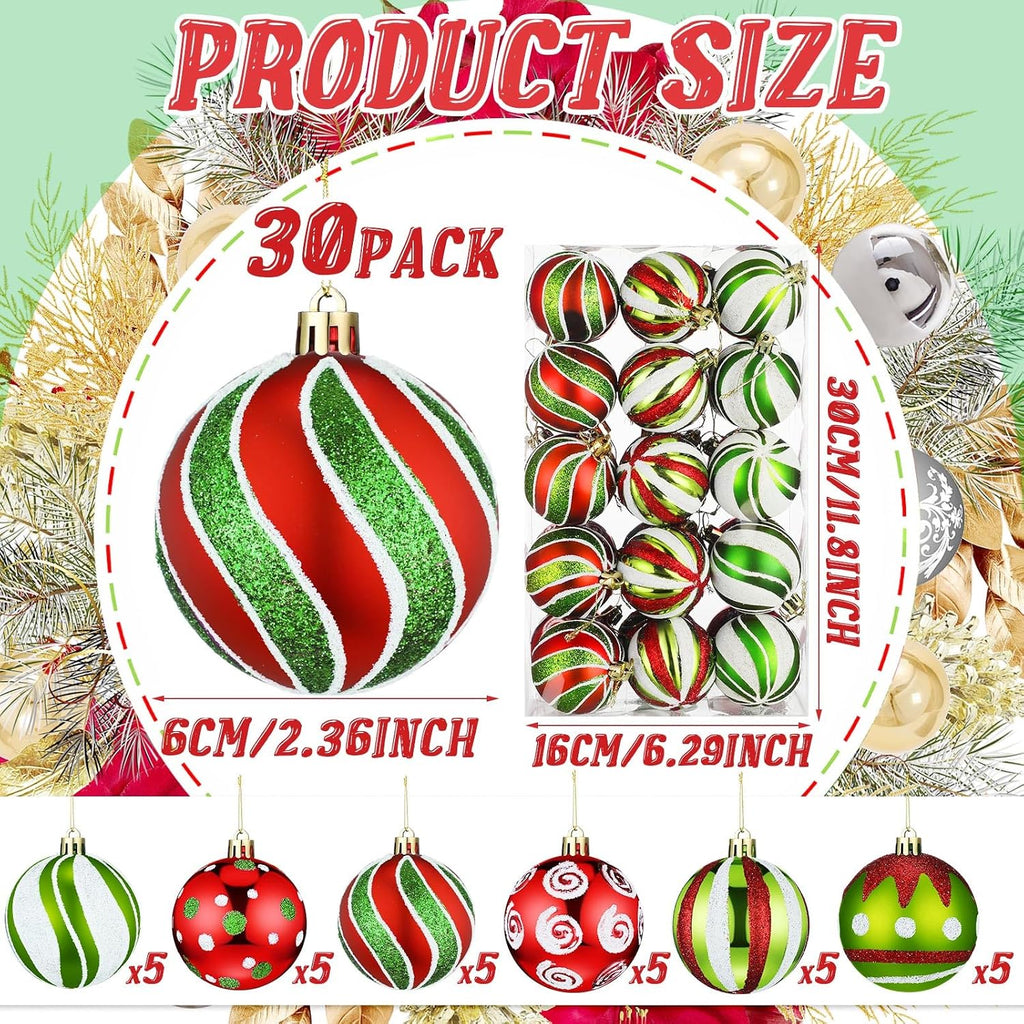 Christmas Ball Ornaments 2.36" Lime Green Red White,Stylish - Set of 30