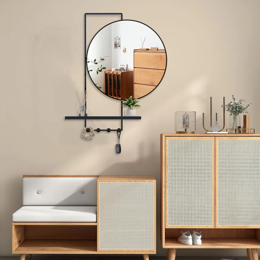 21" Round Black Metal Wall Mirror with Shelf and Hooks, Decorative
