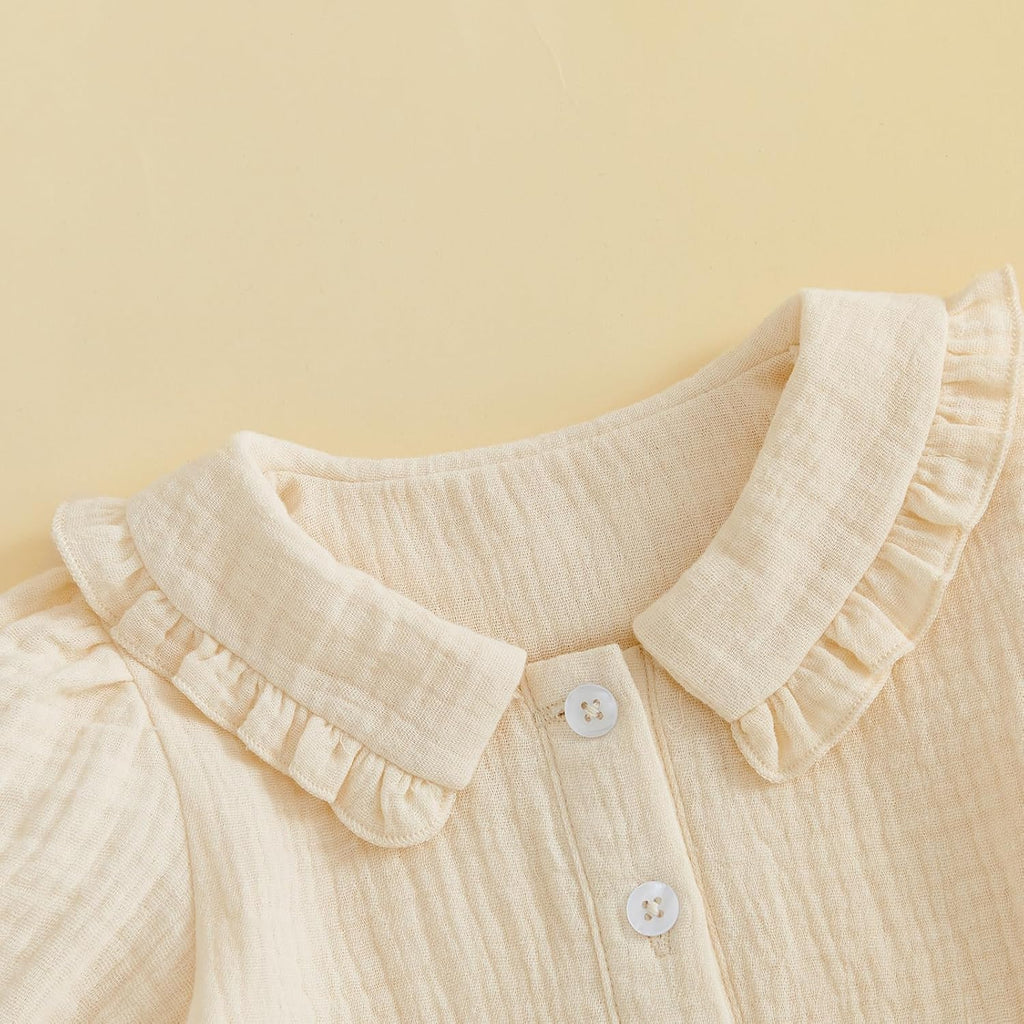 Baby Girl Button Down A-line Shirt Tops + Ruffled Shorts 2Pieces Clothes Set Cotton Gauze Solid Toddler Summer Outfit