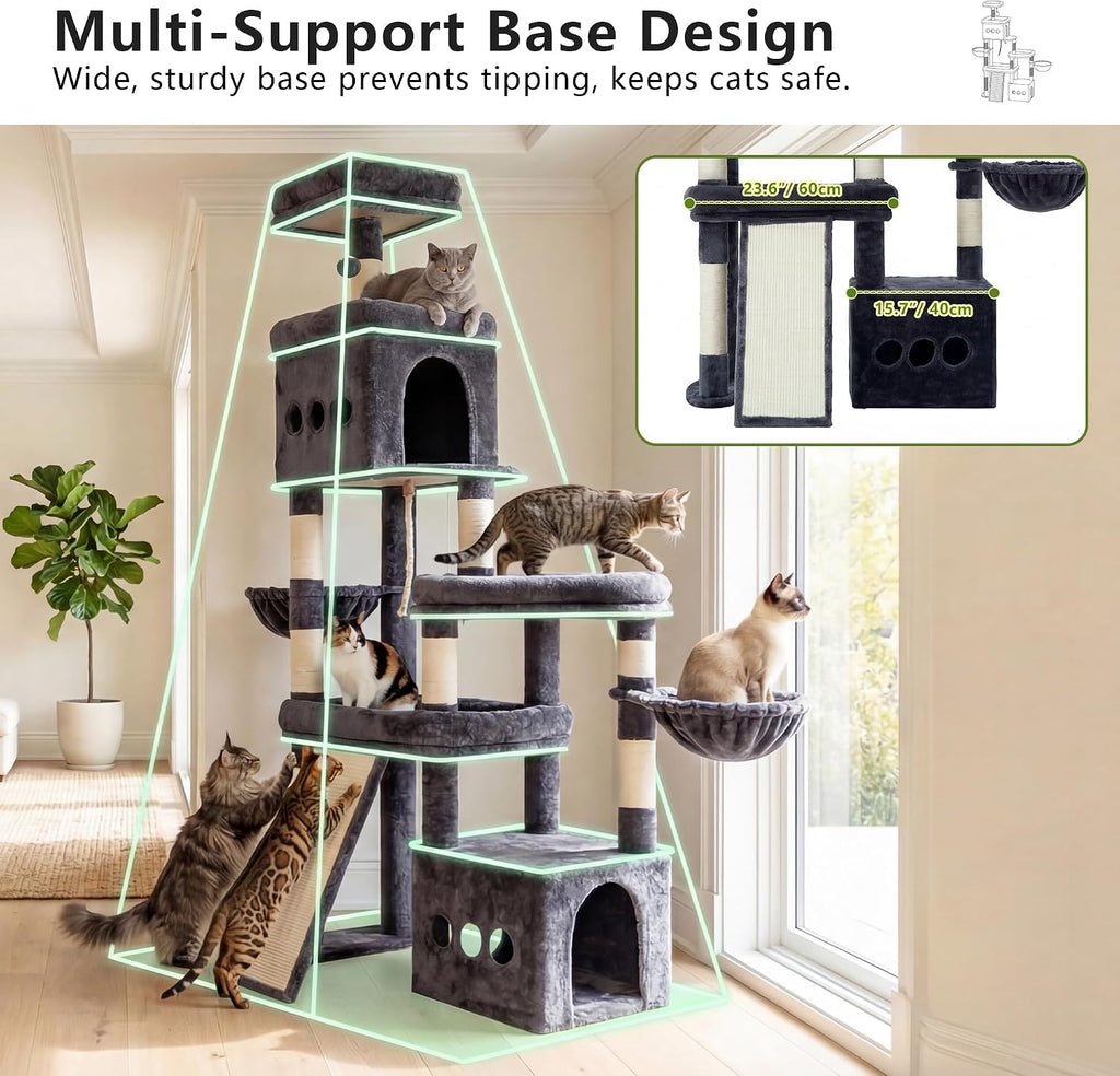 Cat Tree 72.4-Inch Anti-Tip Cat Tower with Spacious Perches