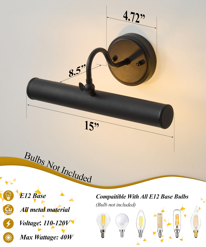 Hardwired Picture Lights for Wall,15 Inch Black Vintage Picture Sconce,E12 Base,330° Rotatable,2-Light Gallery Art