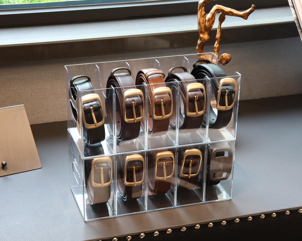Belt Organizer - 2 Pack Clear Stackable Belt holder For Closet Drawer Storage - 5 Compartments with Removable