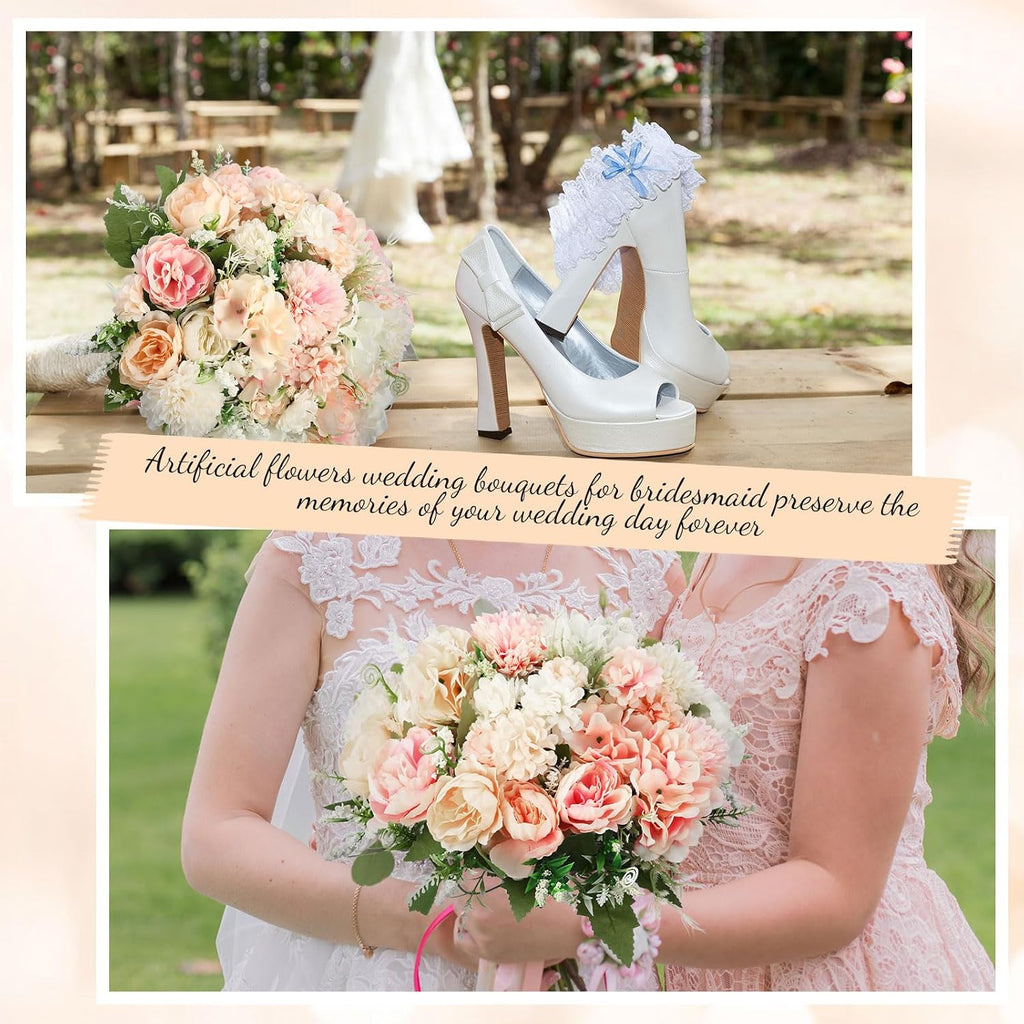 Bundles Artificial Flowers Bouquet Silk Peonies, White,Pink - Set of 6