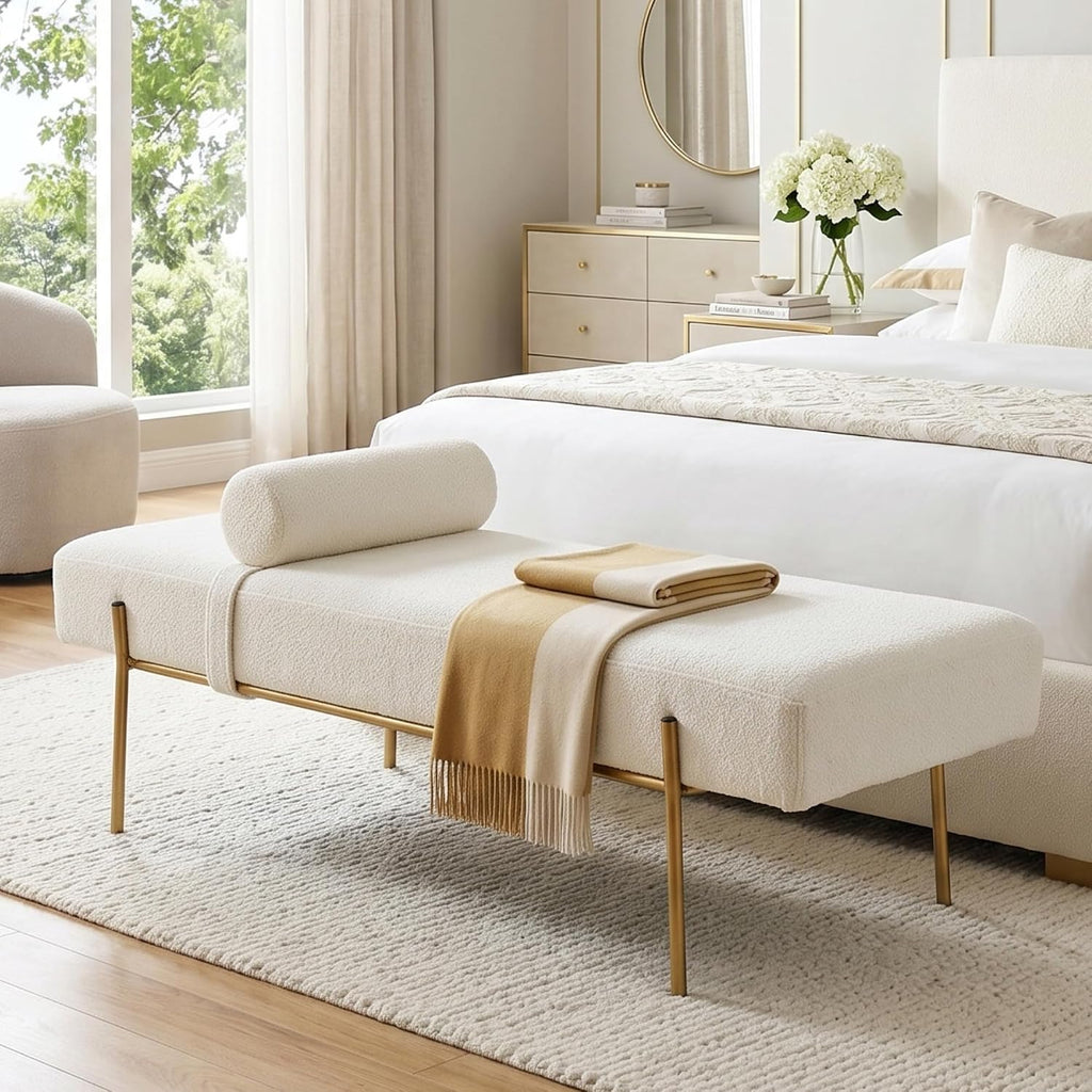 Modern End of Bed Bench, Upholstered Entryway Bench with Detachable Pillow , Faux Fur Ottoman Bench with Gold Metal