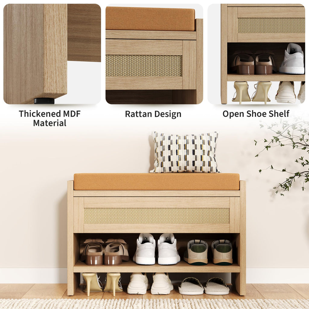 31" L Farmhouse Shoe Bench with Storage Drawer & Linen Cushion - Wooden Entryway Bench with Open Shelf