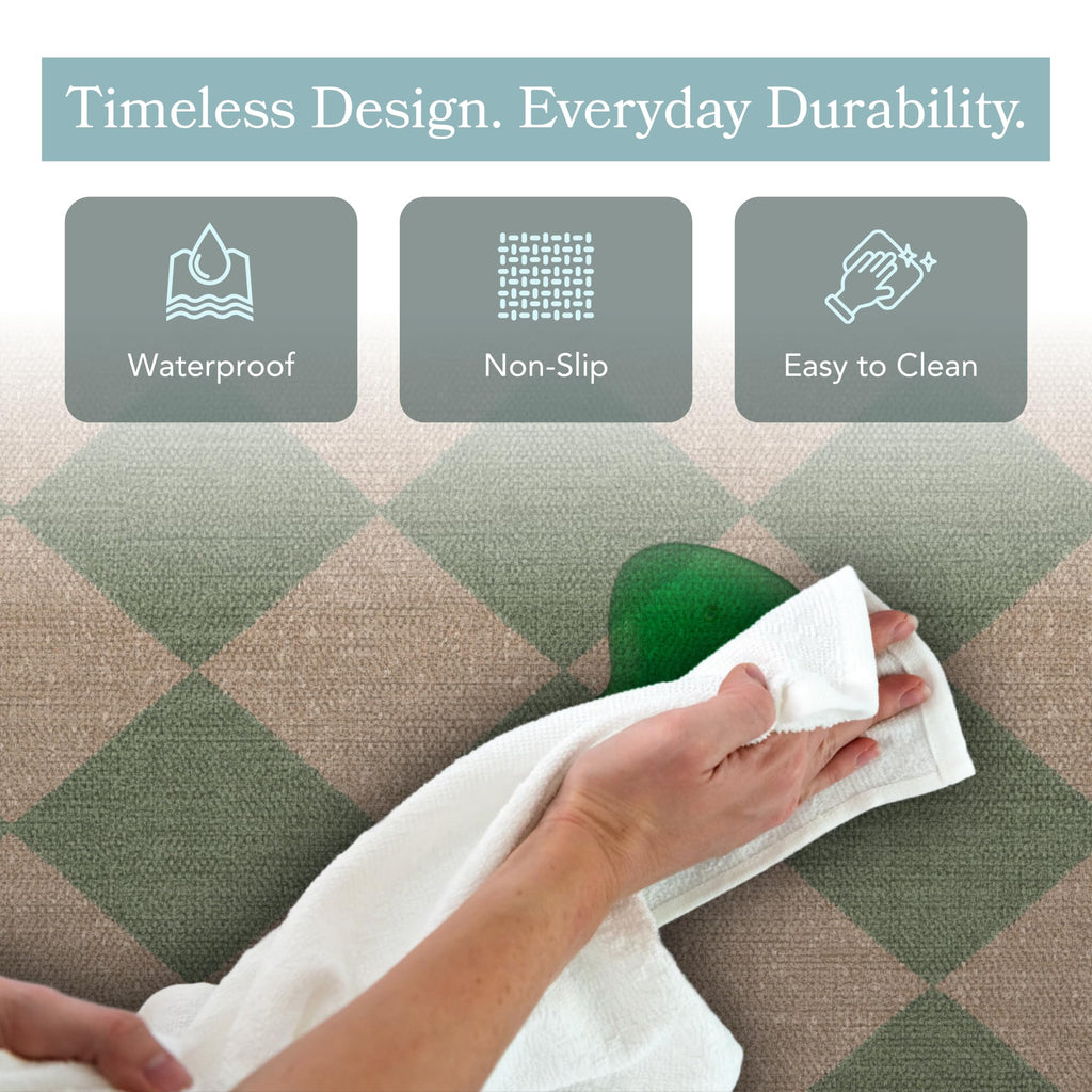 Vinyl Floor Mat - Green & Cream Checkered Pattern - Waterproof Non-Slip Kitchen Rug - Hard Floor Safe
