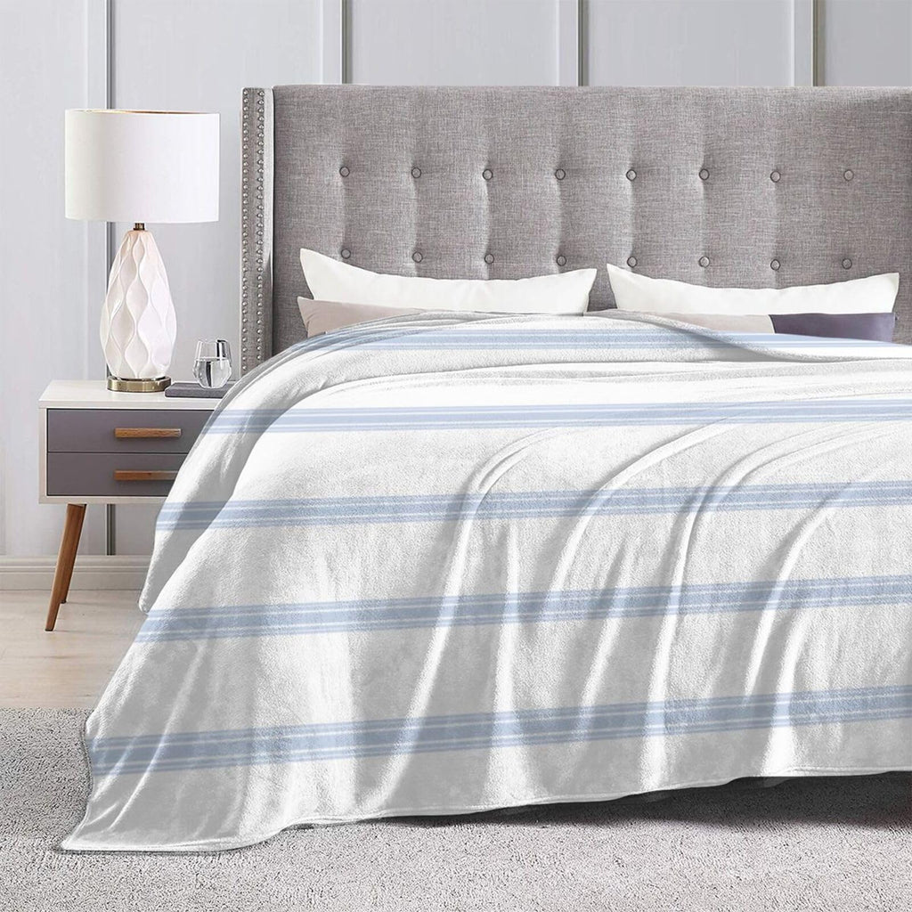 Vintage French Ticking Stripe Pattern Blue White Reversible Flannel Throw Blanket - Ultra Soft Lightweight 80"X60"