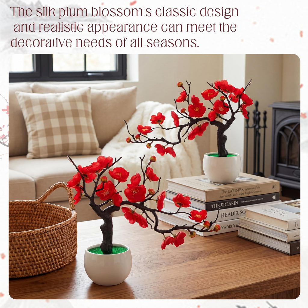 8 Pack Red Plum Blossom Silk Flowers with Pot, Lateral