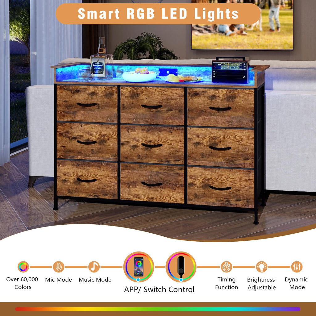 Industrial Dresser with Charging Station and LED Light Fabric Storage Dresser with 9 Fabric Drawers Chest of Drawers