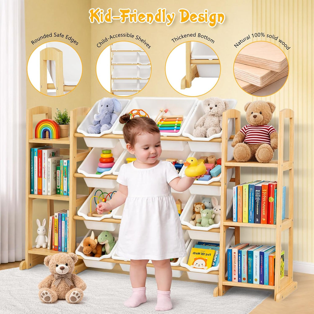 Toy Storage Organizer with Bookshelf - Wooden Toy Organizer with 12 Toy Bins & 6 Tier Bookcase,Quick Assembly Kids