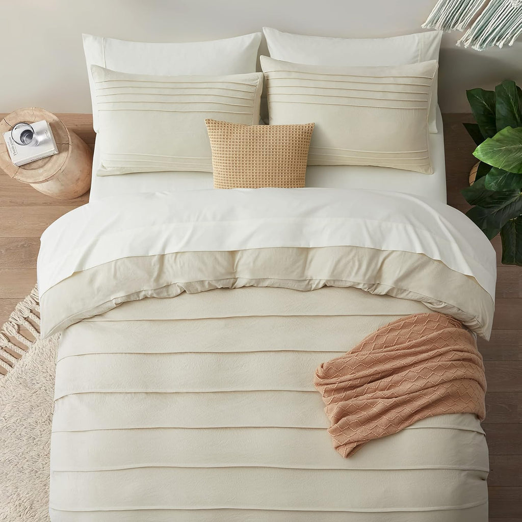 Beige Duvet Cover King - Pleated King Duvet Cover, 3PCS Soft and Breathable Textured Bedding Set with Zipper