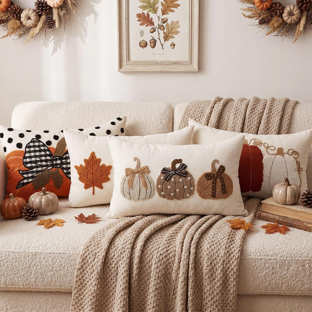 Fall Pumpkin Pillow Covers 12x20 Rustic Boho Brown Beige Lumbar Case