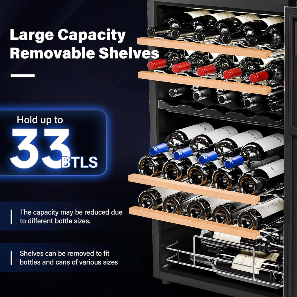 33 Bottle Wine Fridge, Dual Zone Wine and Beverage Refrigerator with Independent