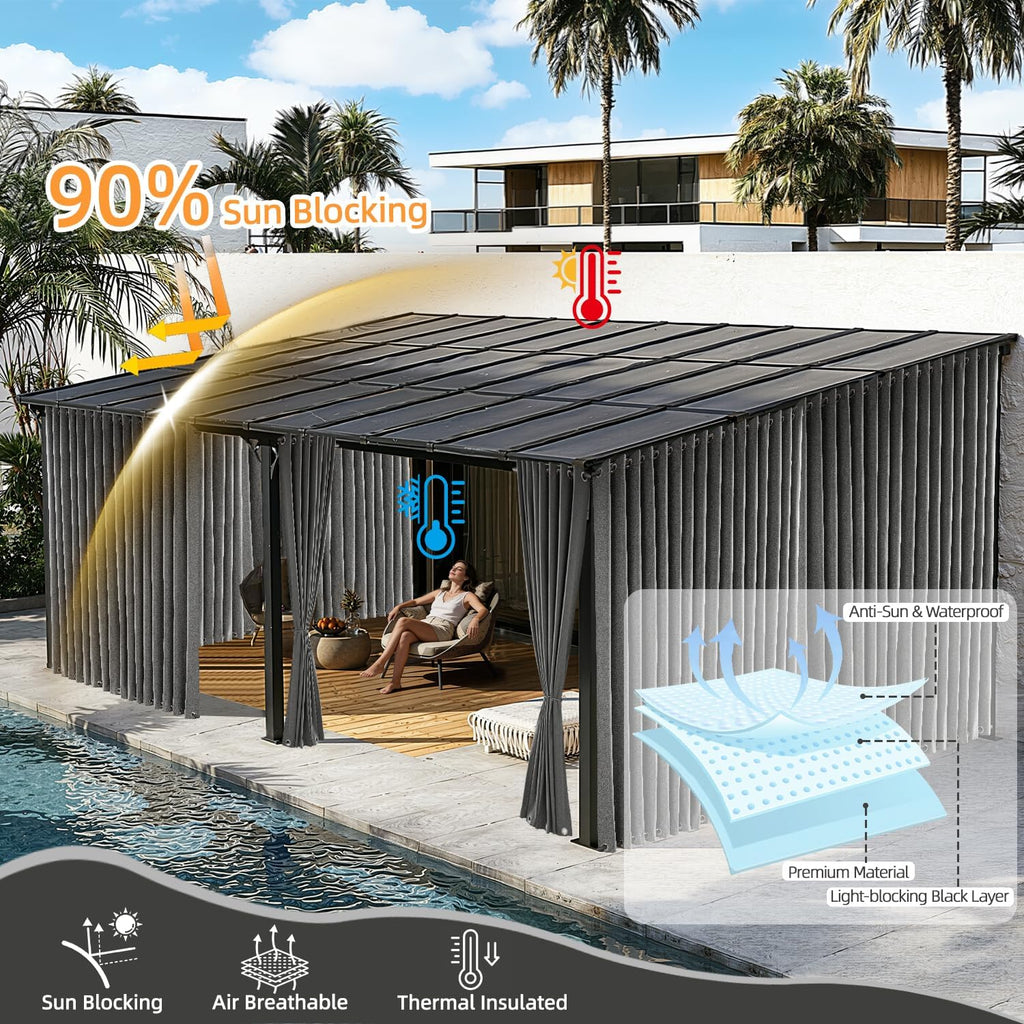 Waterproof Outdoor Curtains with Zipper 2 Panels Faux Linen Sun Blocking Blackout Privacy Patio Curtains Top & Bottom