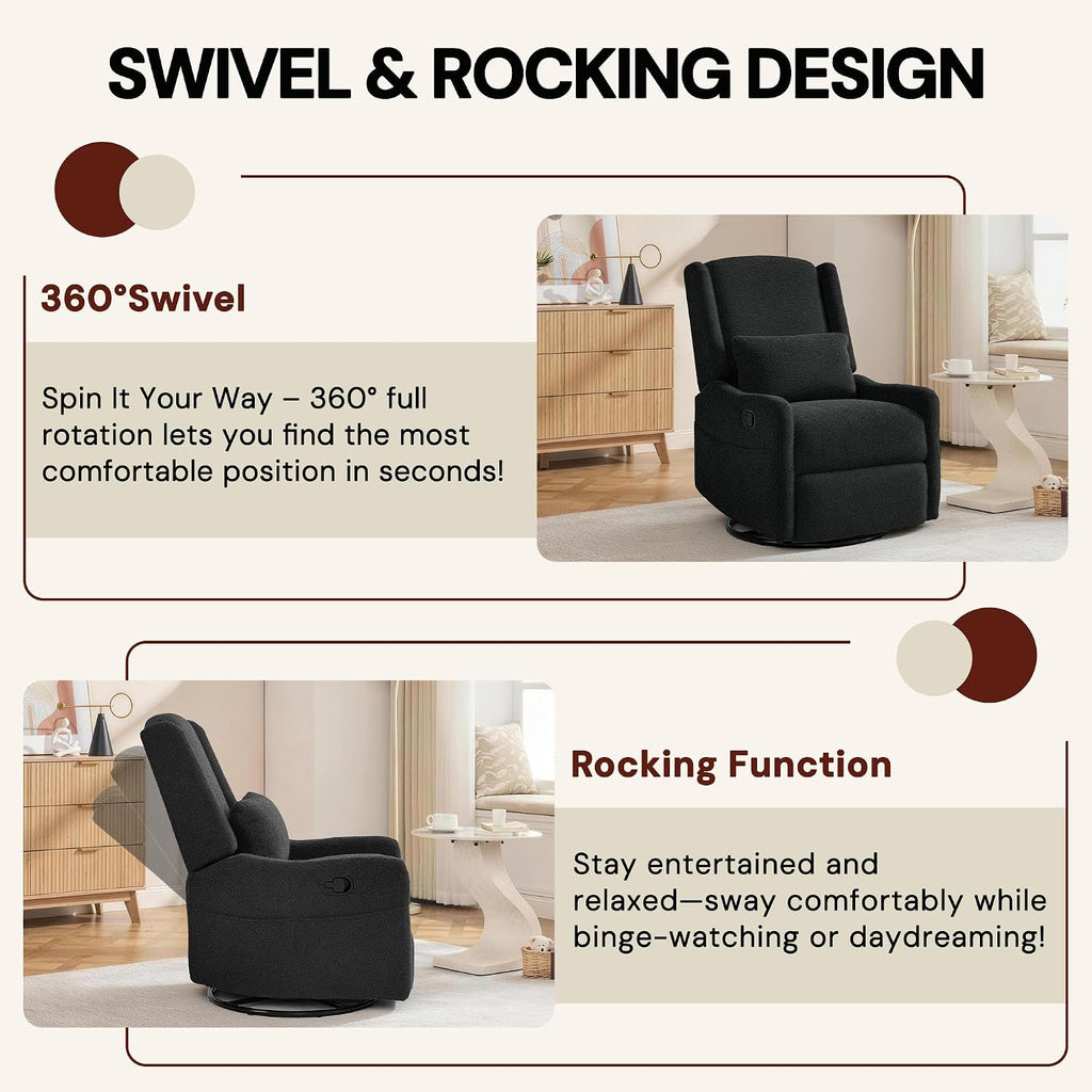 Glider Recliner Rocking Chair, 360° Swivel Boucle Nursery Chair, Comfy Upholstered Recliner ,Black