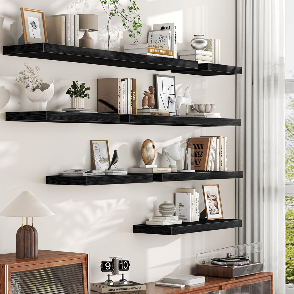 Black Floating Shelves - 2 Pack 30 Inch Long Rustic Wooden Wall Shelves - 12 Inch Deep Wall Mounted Storage Shelf