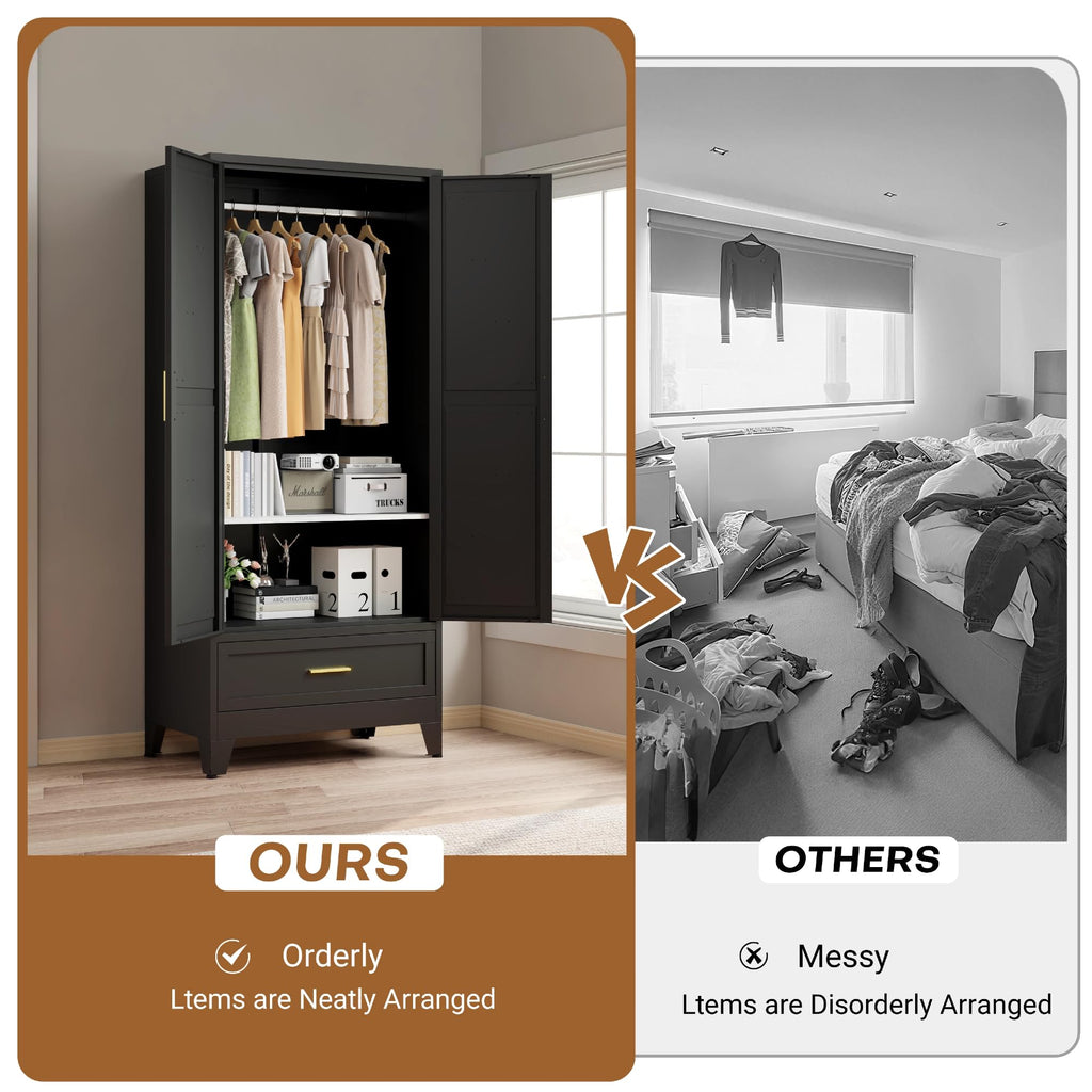 71" H Armoire Wardrobe Closet with 1 Drawer, Metal Wardrobe Closet with Doors and Adjustable Shelves, Wardrobes