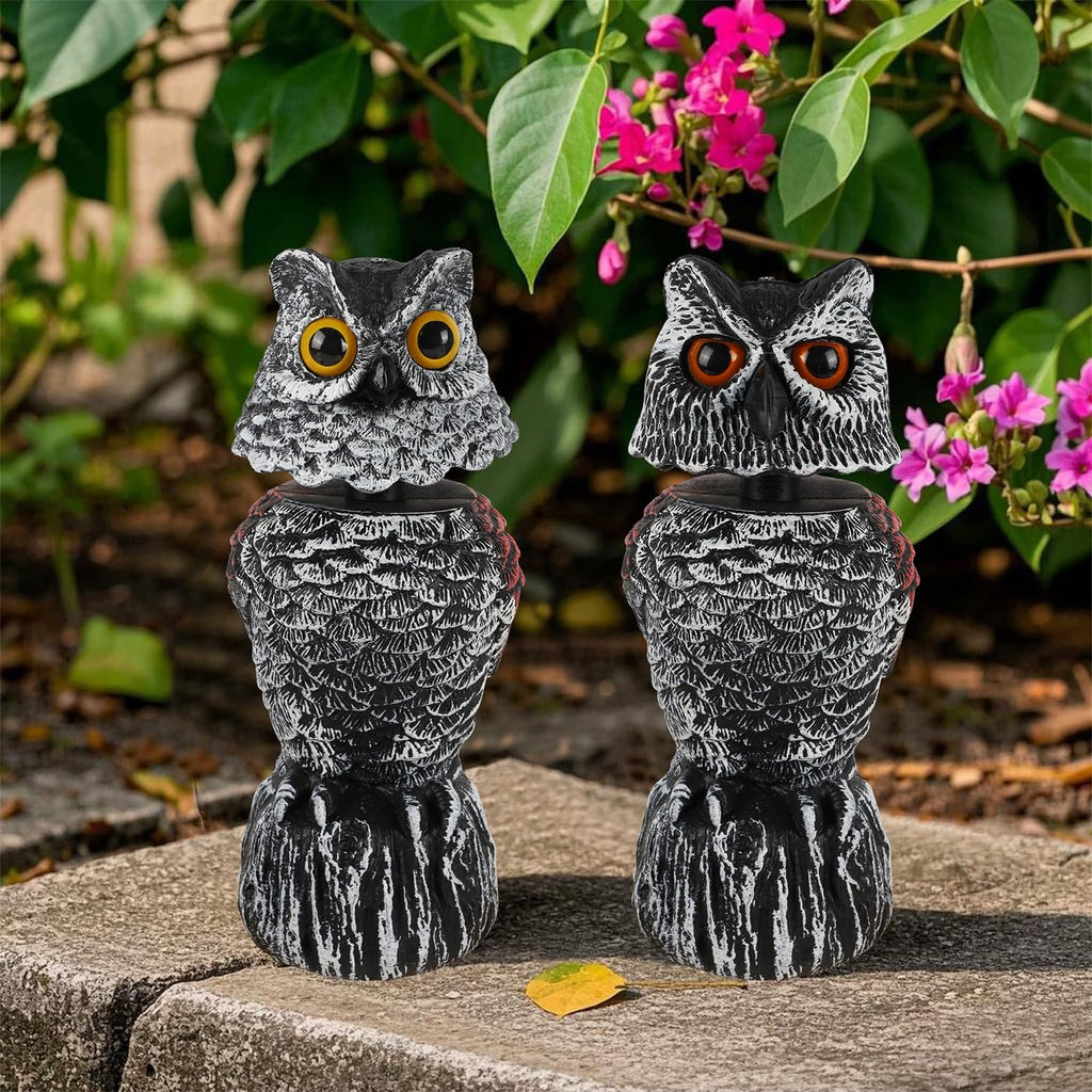 2 Pack Fake Owl Decoy Bird Scarecrow Sculpture, 11.2 inch Wagging Head Plastic Owl Scare Birds Away, Owls Statue
